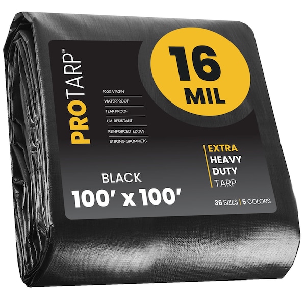 Protarp Heavy Duty Tarp, 100 ft x 100 ft, 16 Mil, Black, Polyethylene PT-106-100X100 - main